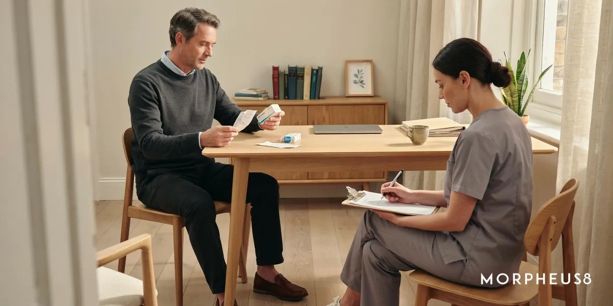Man in his fifties reading out the medicines he takes while a clinician writes them down