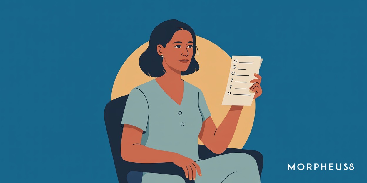 Woman in her forties sitting with a handwritten list of questions in her hand