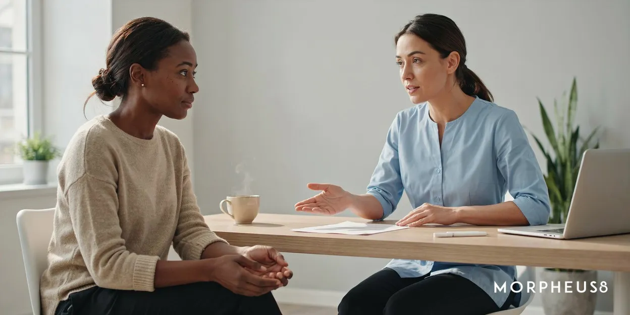 Woman with dark brown skin talking with a clinician across a desk in a bright consultation room