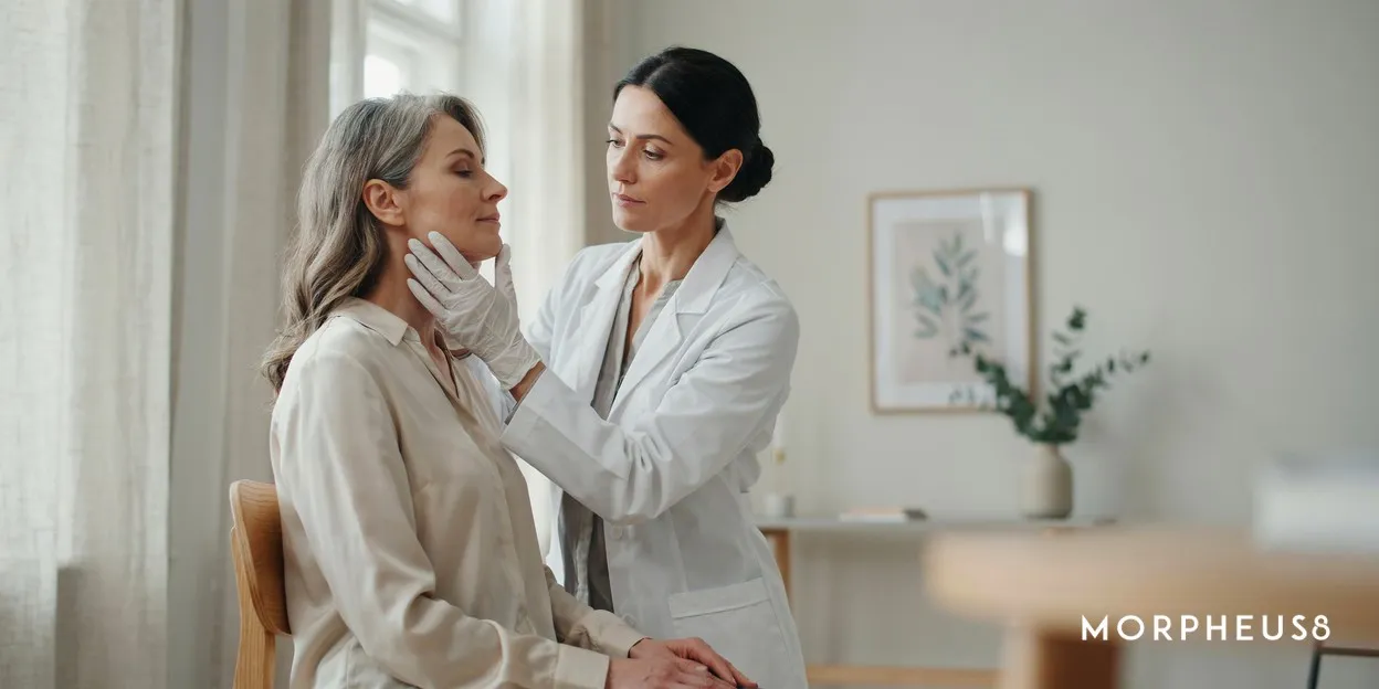 Clinician in gloves examining the jawline and neck of a woman seated in a consultation room