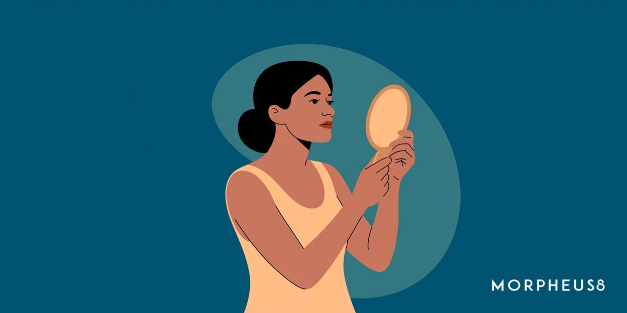 Woman in her forties holding a small hand mirror up to her jawline