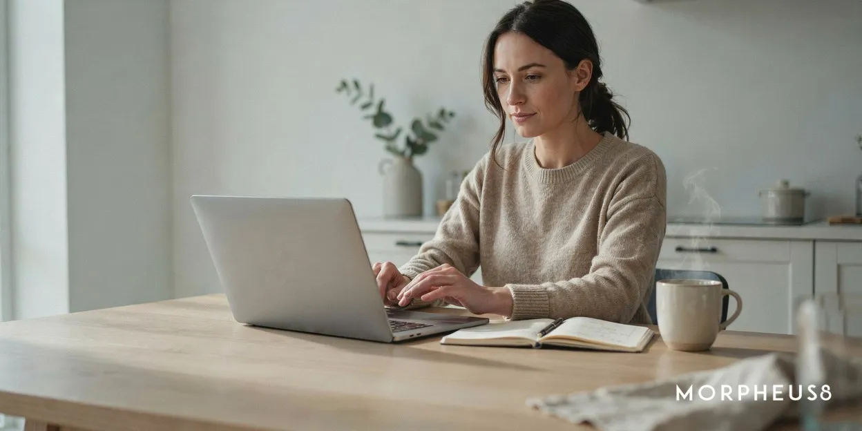 Woman in her thirties reading a laptop screen at a kitchen table