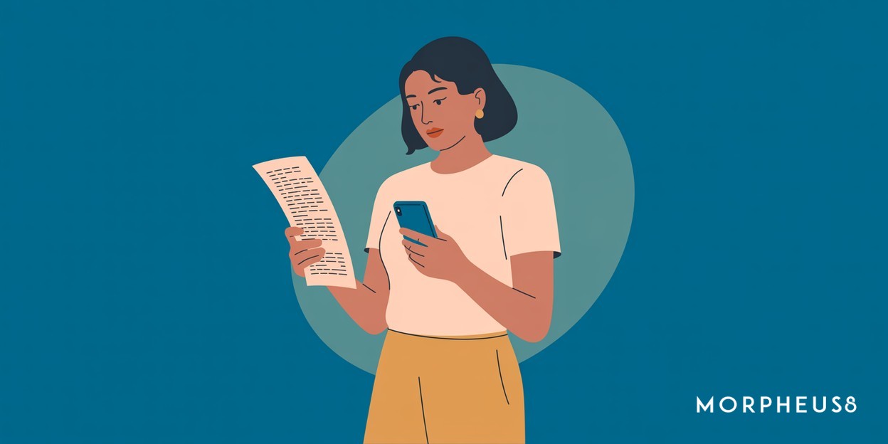 Woman in her forties holding a phone in one hand and a printed page in the other