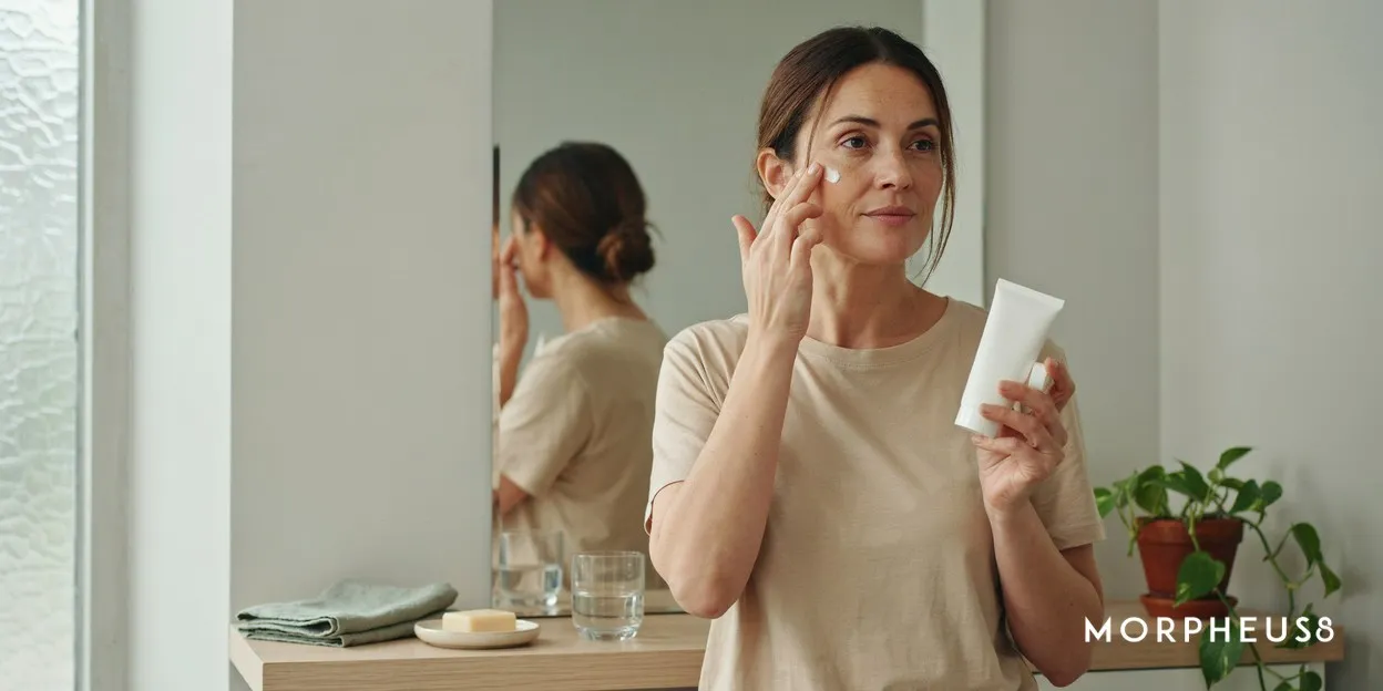 Woman in her forties applying sunscreen to her cheek at a bathroom mirror