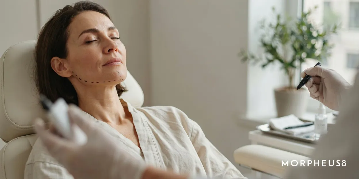 Gloved hand drawing marking lines along a woman’s jawline
