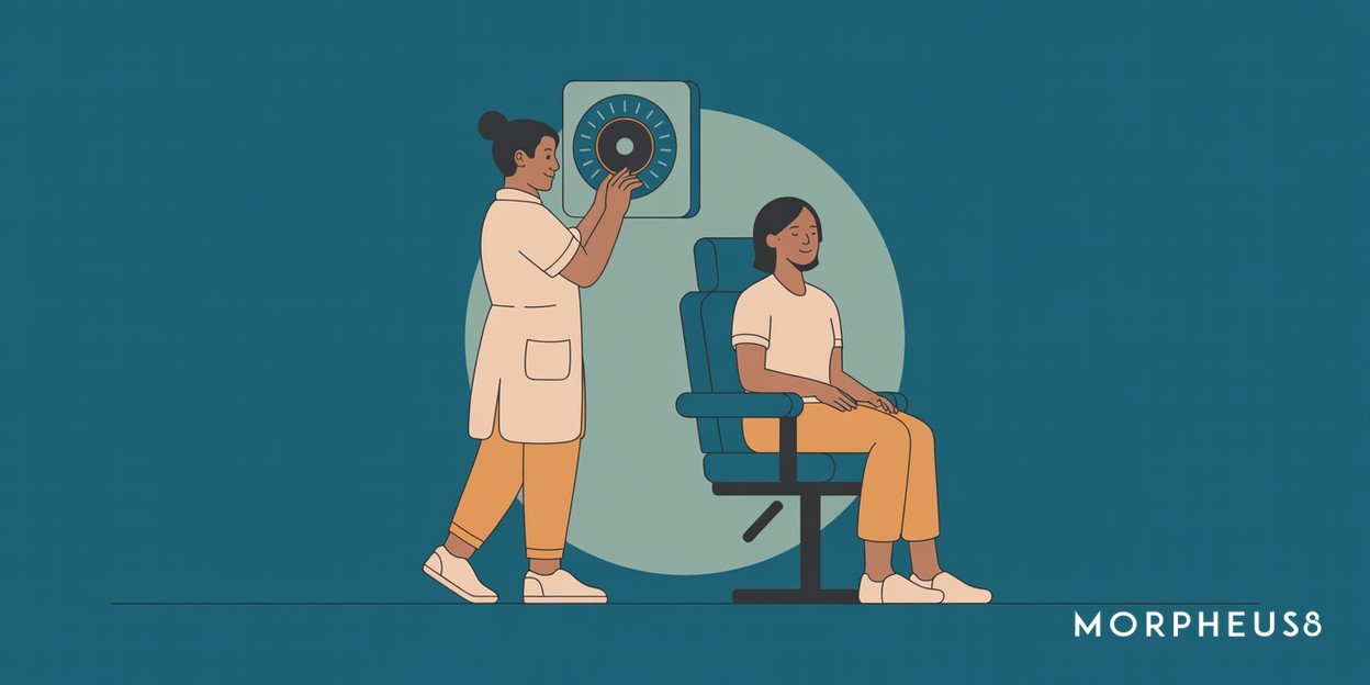 Practitioner turning a large dial beside a woman seated in a treatment chair
