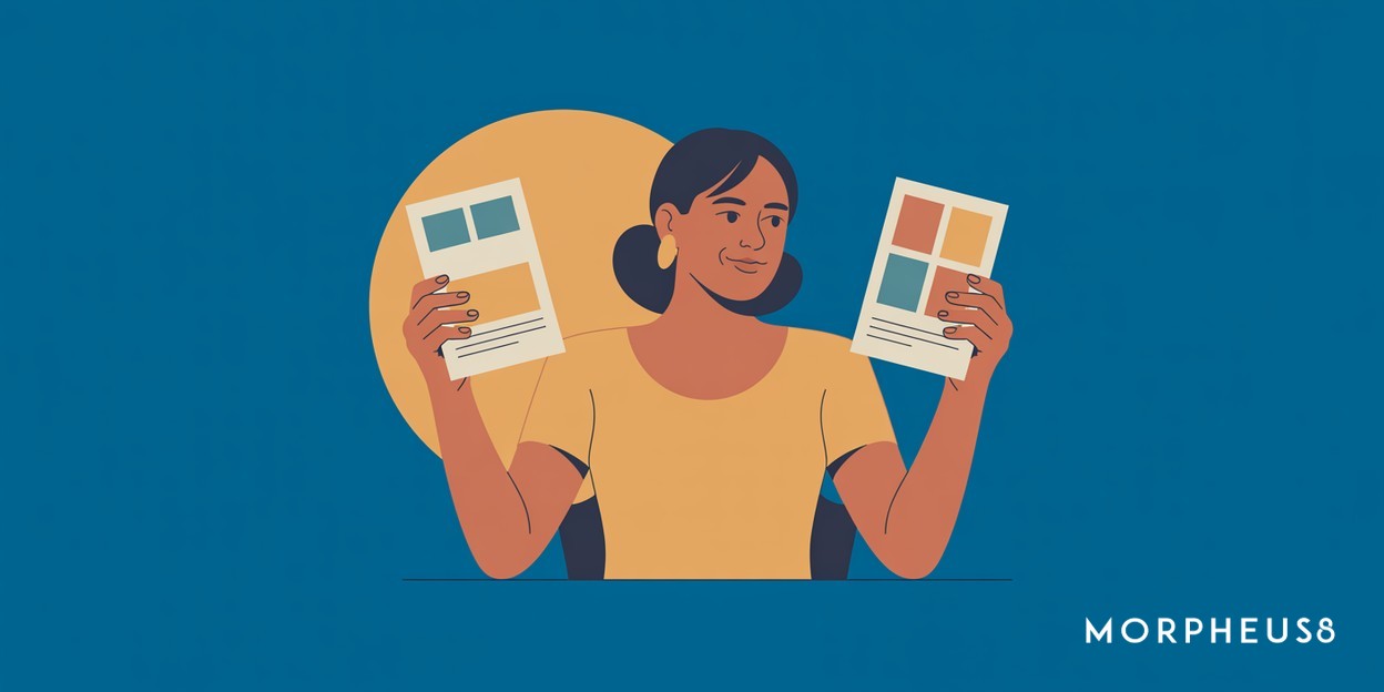 Woman in her forties holding a printed leaflet in each hand at a kitchen table