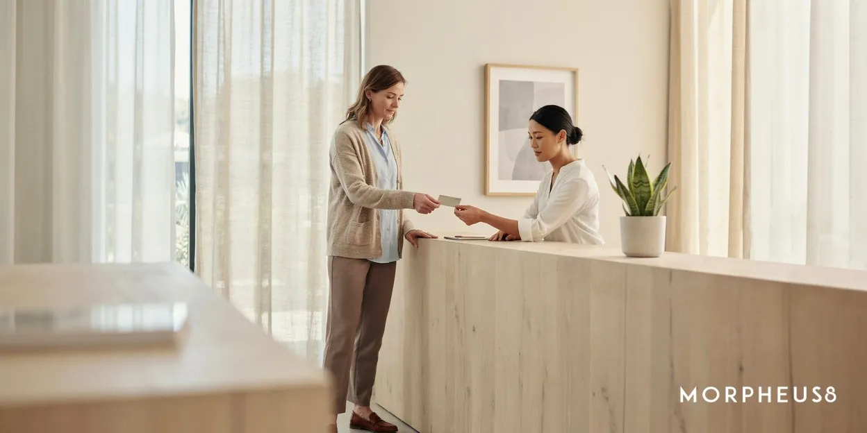 Woman in her forties handing a bank card across a reception desk at a clinic