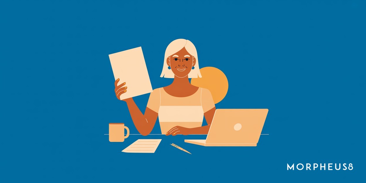 Woman in her forties at a kitchen table reading a printed sheet beside an open laptop