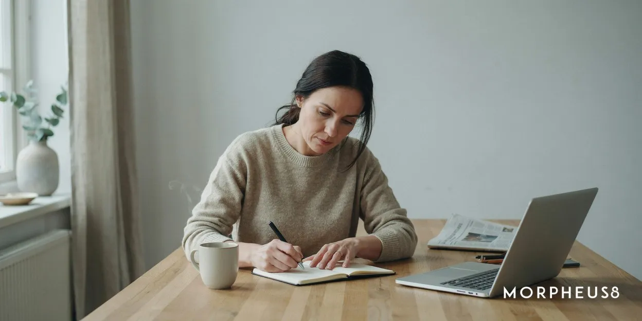 Woman in her forties making notes in a notebook beside an open laptop at a kitchen table
