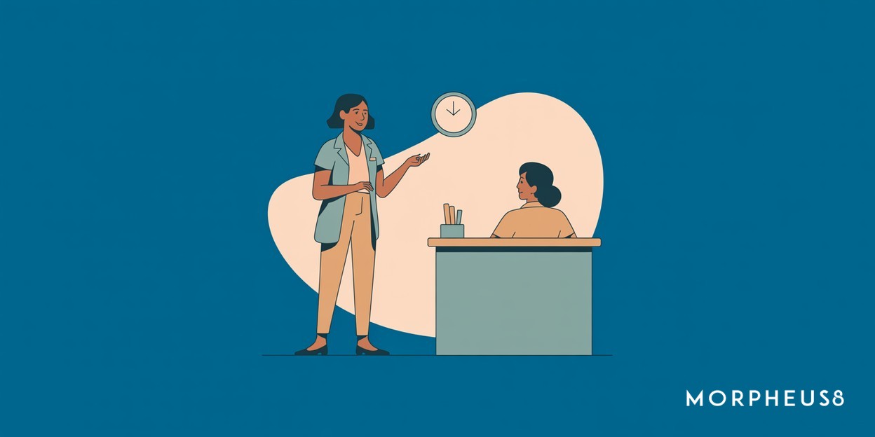 Woman in her forties standing at a clinic reception desk speaking with a receptionist